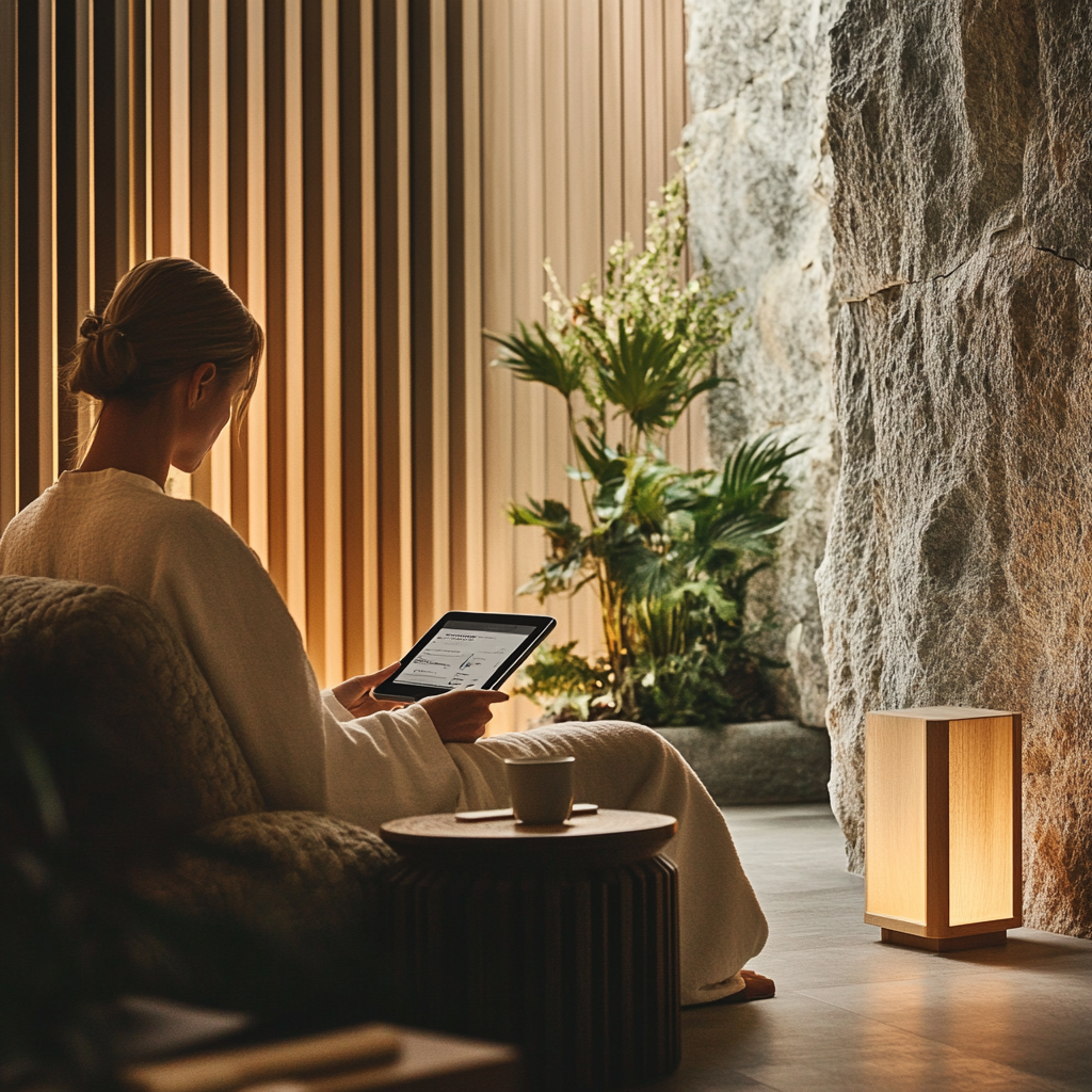 Person reviewing health data on tablet in luxury wellness lounge