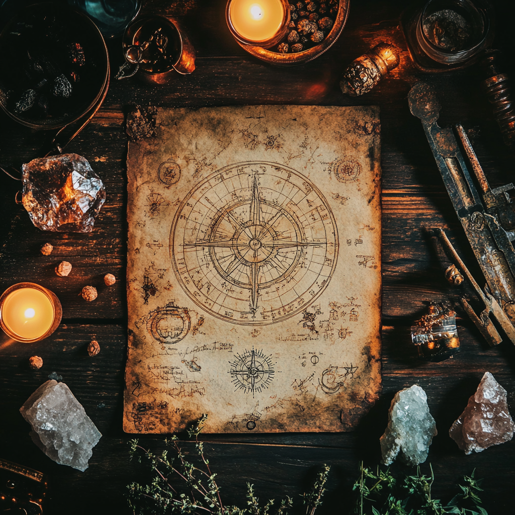 Antique astrology birth chart with crystals and candlelight