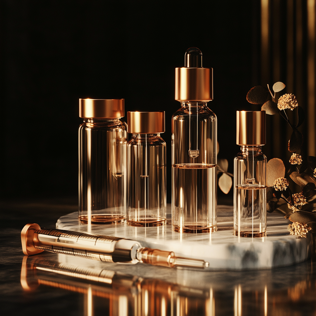 Elegant peptide vials on marble surface