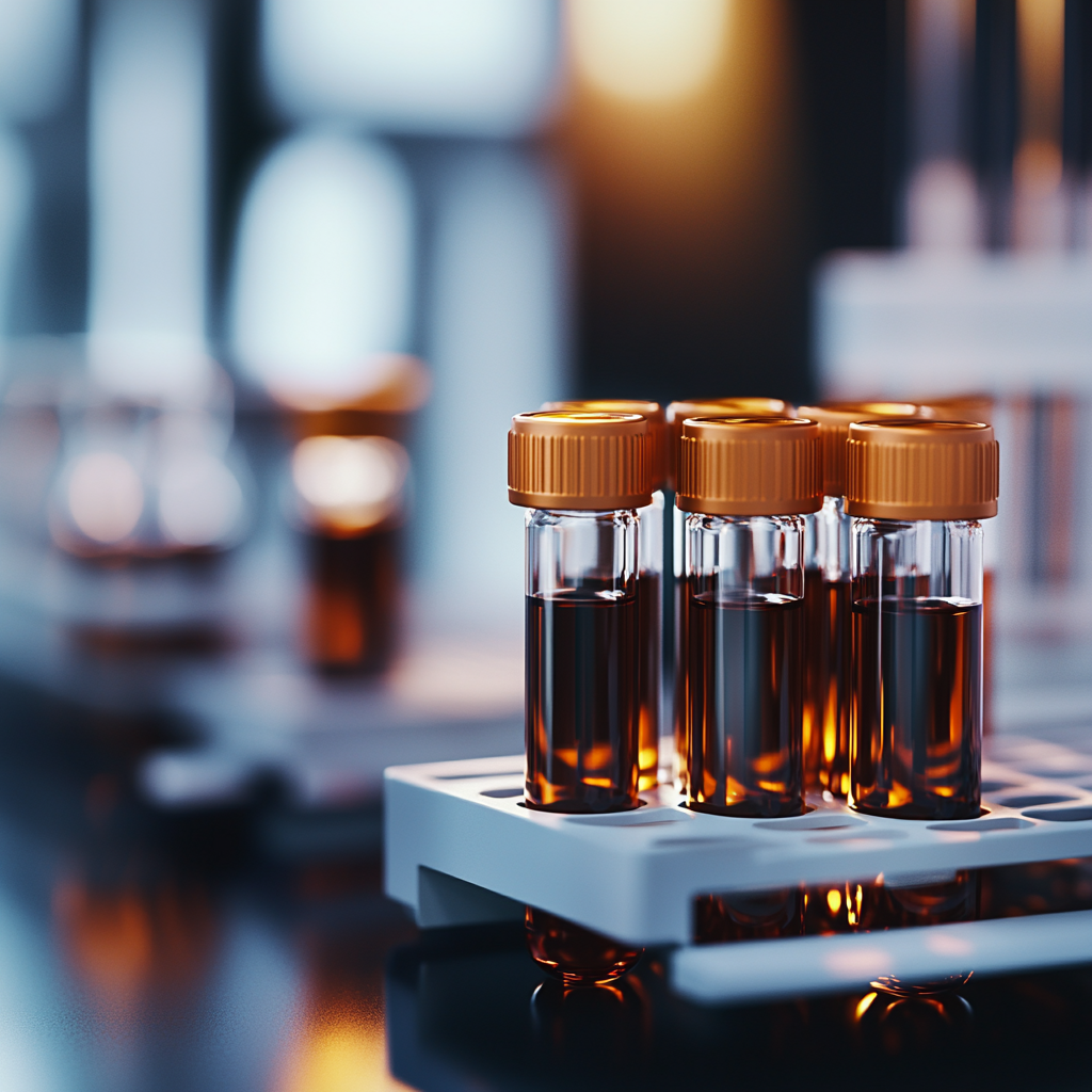 Blood test vials in modern laboratory with copper lighting