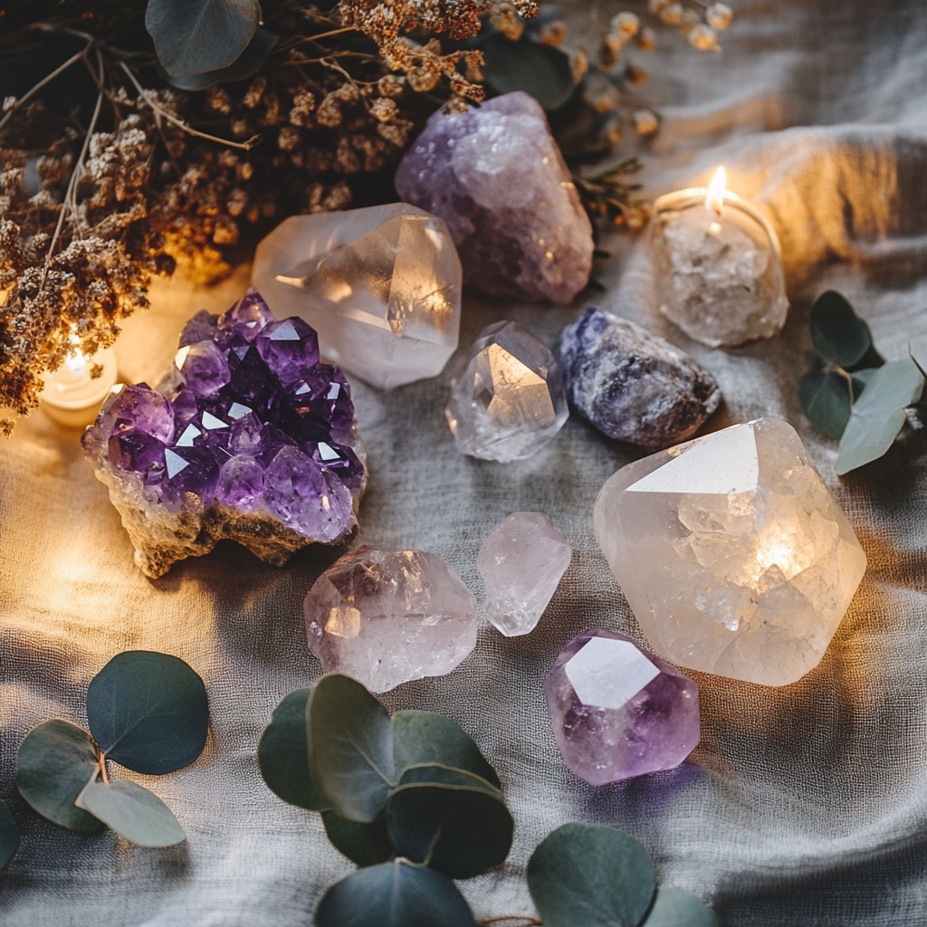 Healing crystals and gemstones with candlelight and eucalyptus