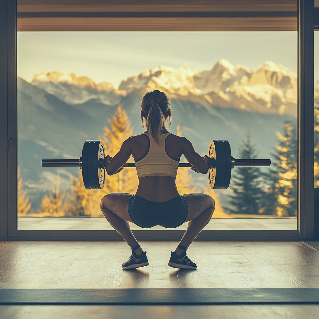 Woman performing barbell squat in luxury gym