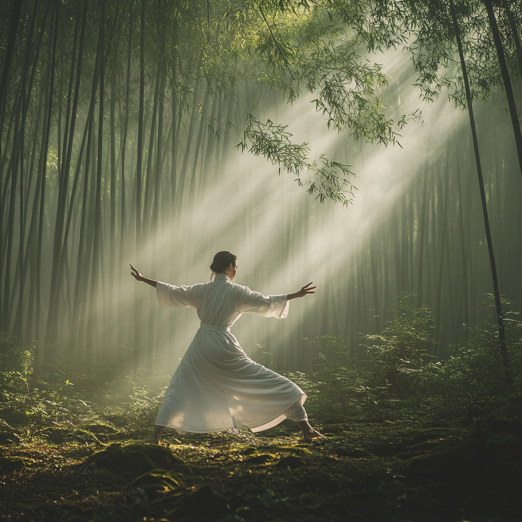Person practicing tai chi in misty bamboo forest
